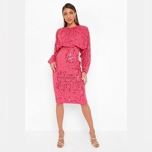 NWT. Boohoo  Occasion 14 Sequin Batwing Midi Dress In Bright Pink.